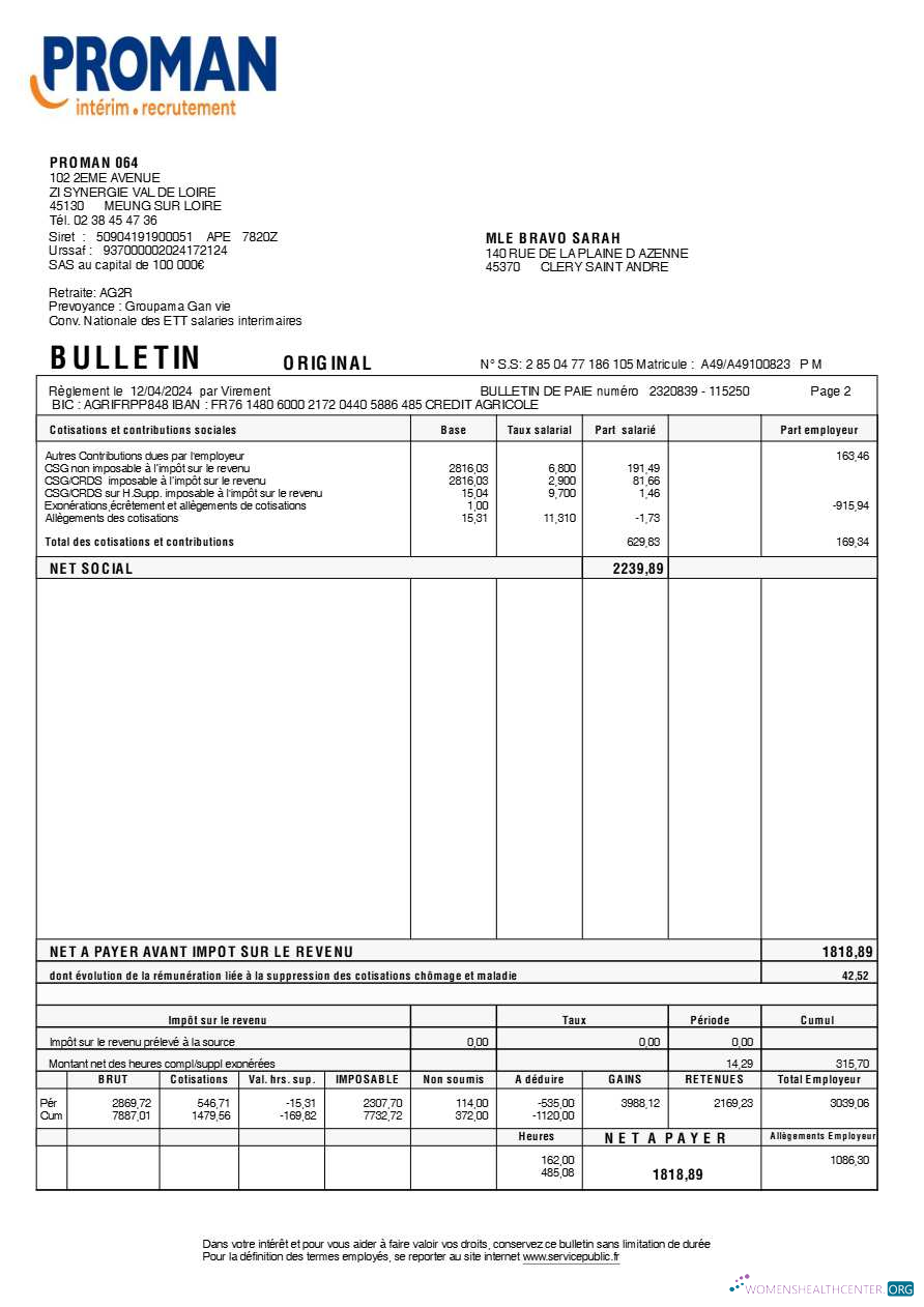 Download Proman recrutement payslip (in French language) template in Word and PDF formats.pdf, 2 Photoshop template